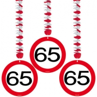 65 Jaar Verkeersbord Hangdecoratie - 3 stuks per 6